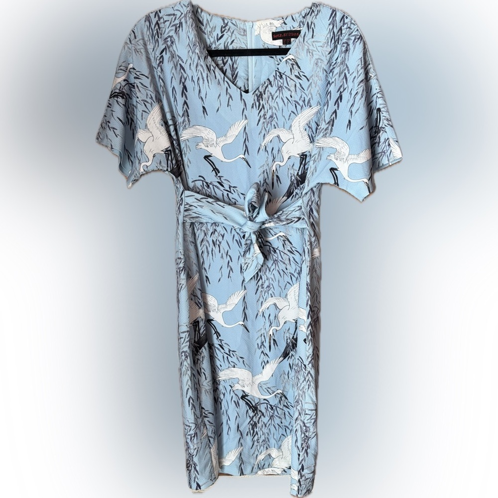 Superstition Blue Bird Print Dress • Tie Waist • Short Sleeve • Midi - Picture 2 of 10